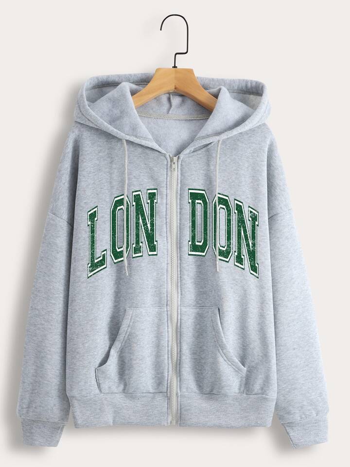 SHEIN EZwear 文字パッチ ドロップショルダー ジッパーアップ スウェ SHEIN EZwear 文字パッチ ドロップショルダー ジッパーアップ スウェ