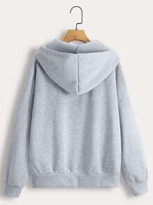 SHEIN EZwear Plus Letter Graphic Zip Up Drop Shoulder Drawstring Thermal Lined Hoodie - Light Grey - View 2