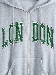 SHEIN EZwear Plus Letter Graphic Zip Up Drop Shoulder Drawstring Thermal Lined Hoodie - Light Grey - View 4