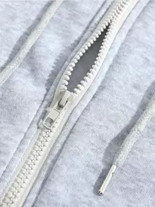 SHEIN EZwear Plus Letter Graphic Zip Up Drop Shoulder Drawstring Thermal Lined Hoodie - Light Grey - View 6