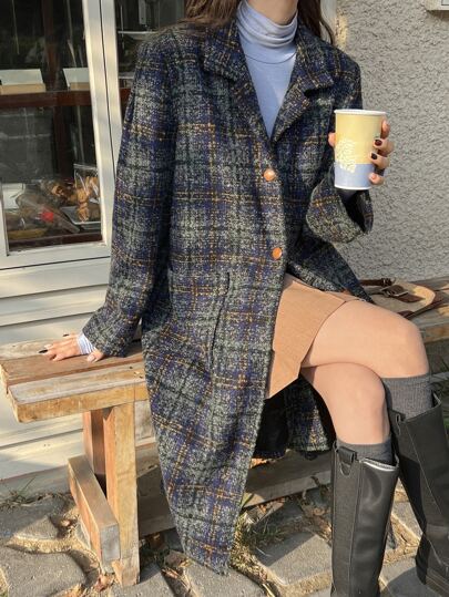 DAZY Plaid Lapel Collar Button Front Coat Women Jacket,Fall Women Clothes