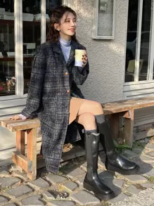 DAZY Plaid Lapel Collar Button Front Coat Women Jacket,Fall Women Clothes