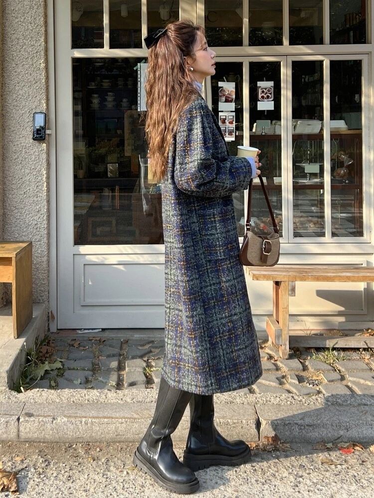 Plaid Lapel Collar Button Front Coat Women Jacket,Fall Women Clothes