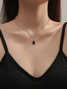 Rhinestone Decor Water-drop Charm Necklace - Black - View 1