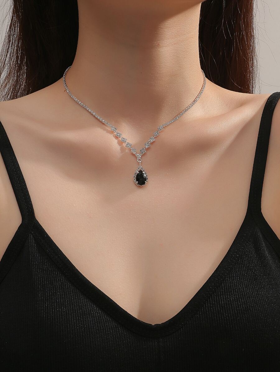 Rhinestone Decor Water-drop Charm Necklace - Black - View 1