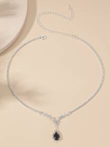 Rhinestone Decor Water-drop Charm Necklace - Black - View 2