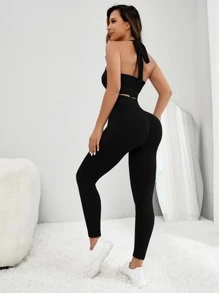 Yoga Basic Seamless Crisscross Backless Tummy Control Sports Set - Black - View 2
