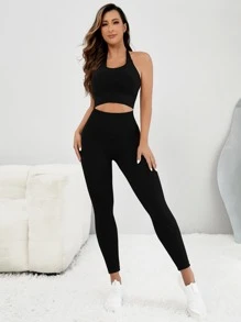 Yoga Basic Seamless Crisscross Backless Tummy Control Sports Set - Black - View 4