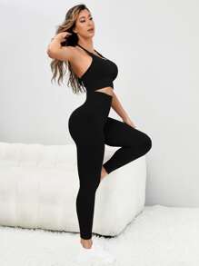 Yoga Basic Seamless Crisscross Backless Tummy Control Sports Set - Black - View 5