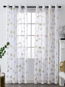 Metallic Ginkgo Biloba Pattern Single Panel Sheer Curtain - White - View 1