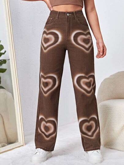 Heart Print Straight Leg Jeans