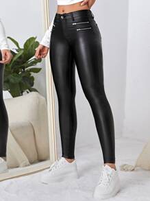 SHEIN Essnce Button Fly Skinny Pants Women Spring Summer Solid Color Pant - Black - View 5