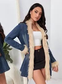 Fuzzy Trim Denim Coat - Medium Wash - View 1