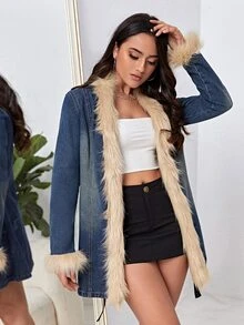 Fuzzy Trim Denim Coat - Medium Wash - View 4