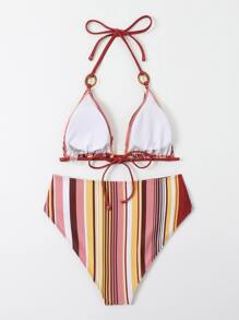 條紋環掛脖三角夏季海灘比基尼套裝 - 彩色 - 查看 2