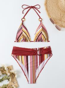 條紋環掛脖三角夏季海灘比基尼套裝 - 彩色 - 查看 7