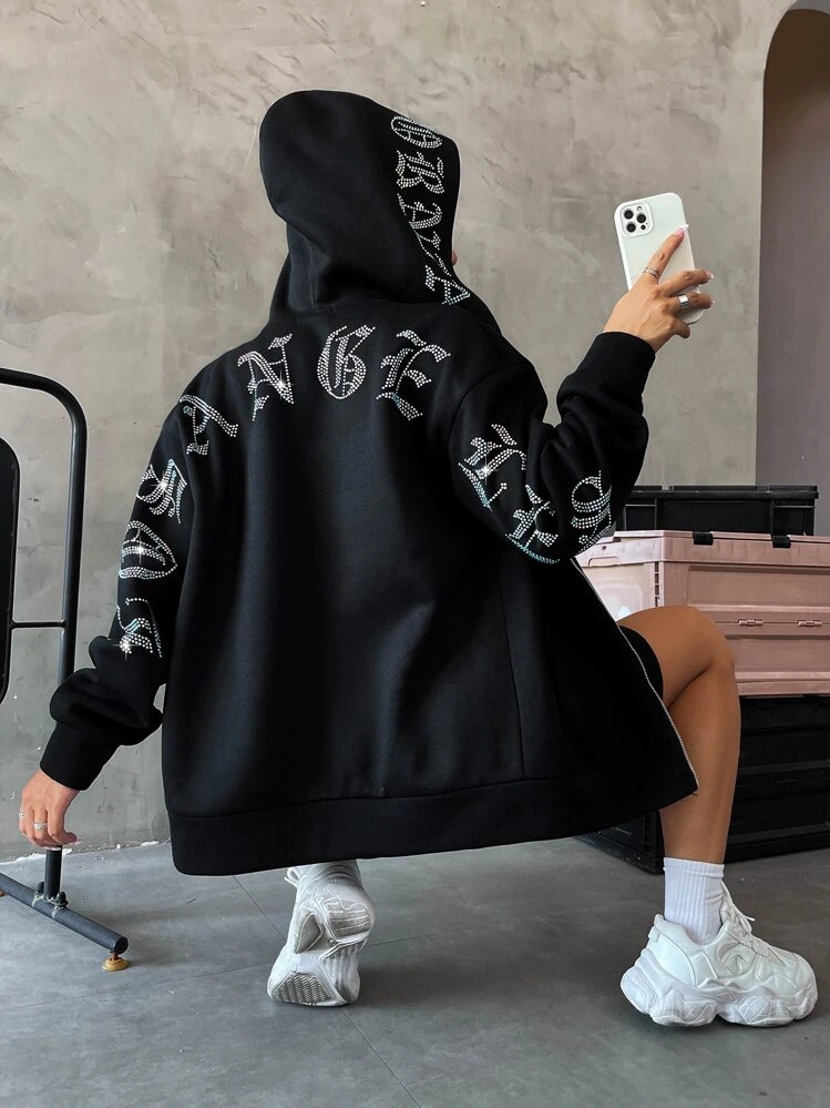 ジップアップパーカー　ラインストーン　hiphop hth Sサイズ アルファベット ラインストーン ドロップショルダー ジップアップ