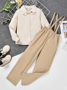 Niñas Camisa con botón delantero & Pantalones de tiras - Caqui - Ver 4