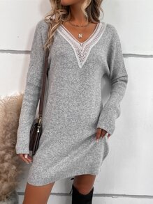 SHEIN LUNE Guipure Lace Panel Batwing Sleeve Jumper Dress - Light Grey - View 5