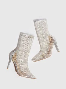 CUCCOO SZL Botas de sandalias con diseño de diamante de imitación con abertura con tacón delgado - Plateado - Ver 4