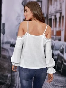 SHEIN Privé Áo sơ mi nữ Tương phản ren Xù màu trơn Thanh lịch - trắng - Xem 2