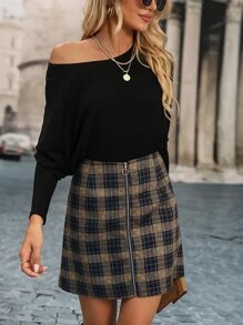 SHEIN Privé Plaid Print Zip Up Skirt - Navy Blue - View 1