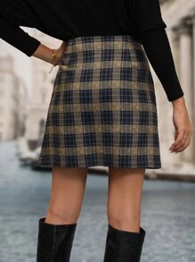 SHEIN Privé Plaid Print Zip Up Skirt - Navy Blue - View 2