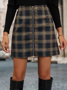 SHEIN Privé Plaid Print Zip Up Skirt - Navy Blue - View 3