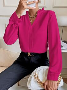 Chiquease Solid Notched Neck Shirt - Hot Pink - View 1