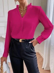 Chiquease Solid Notched Neck Shirt - Hot Pink - View 6