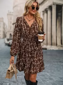 SHEIN Clasi 碎花燈籠袖荷葉邊打攬連衣裙