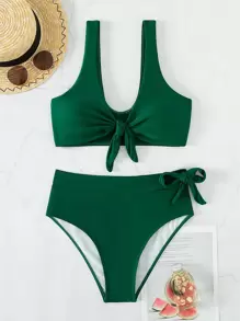 SHEIN Swim Summer Beach Plain Knot Front High Waisted Bikini Set - Dark Green - View 7