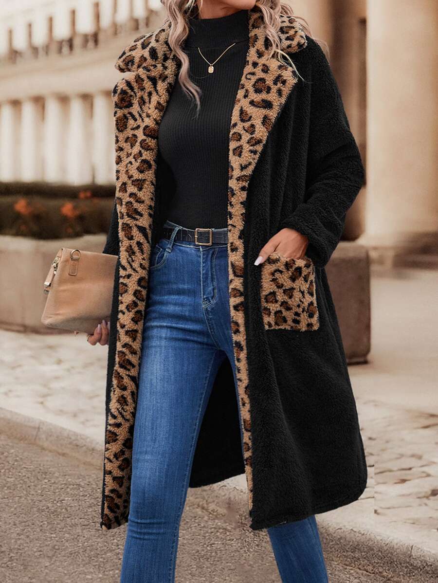 SHEIN LUNE Leopard Pattern Dual Pocket Flannel Coat - Black - View 1