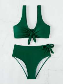SHEIN Swim Summer Beach Plain Knot Front High Waisted Bikini Set - Dark Green - View 4