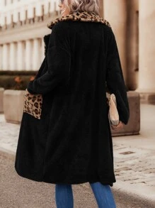 SHEIN LUNE Leopard Pattern Dual Pocket Flannel Coat - Black - View 2