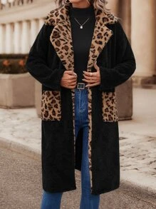 SHEIN LUNE Leopard Pattern Dual Pocket Flannel Coat - Black - View 3