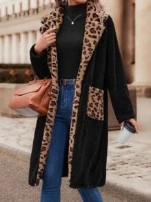 SHEIN LUNE Leopard Pattern Dual Pocket Flannel Coat - Black - View 5