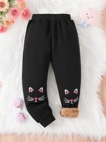 Toddler Girls Cat Graphic Teddy Lined Sweatpants - Black - View 1