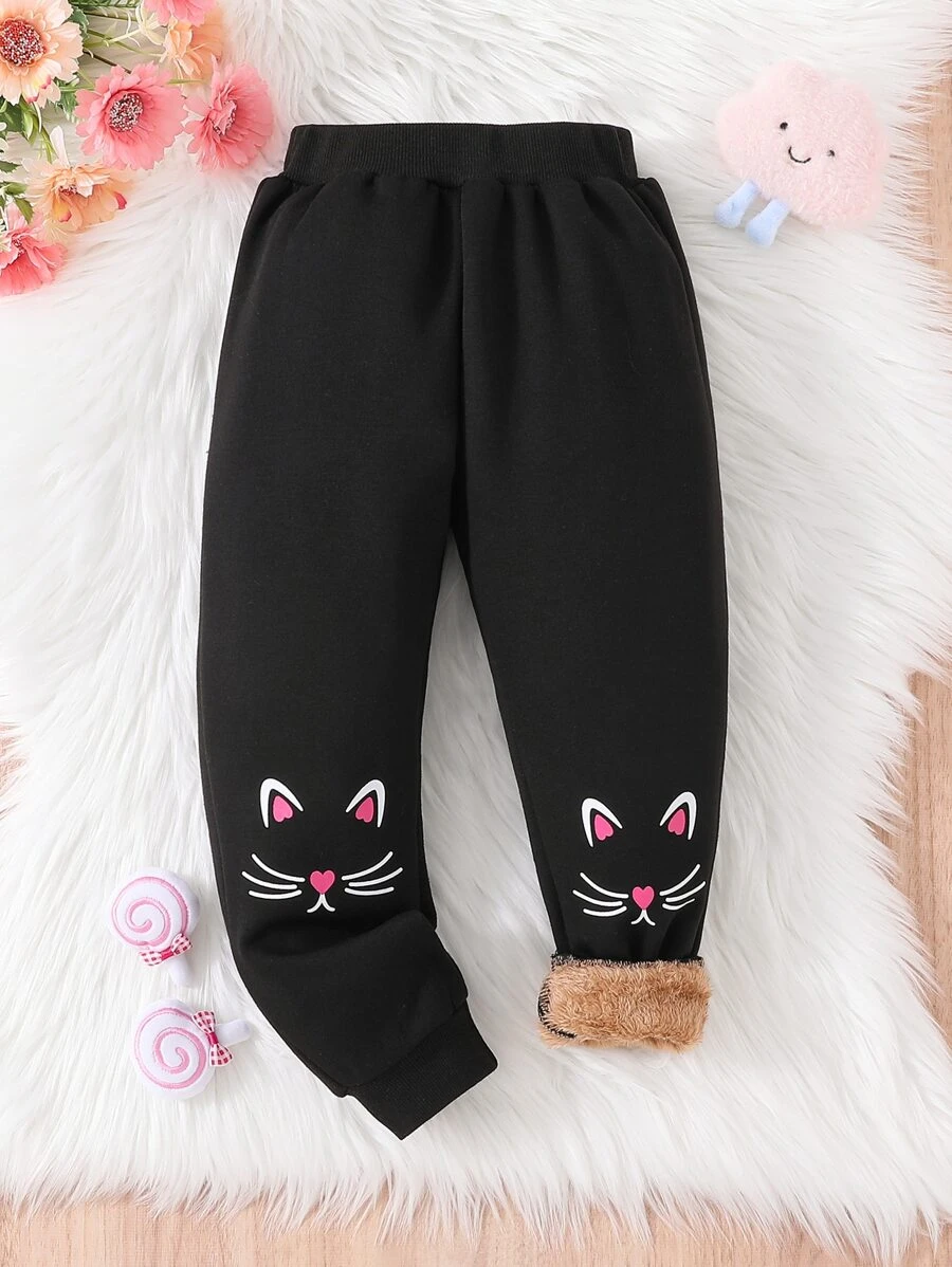 Toddler Girls Cat Graphic Teddy Lined Sweatpants - Black - View 1