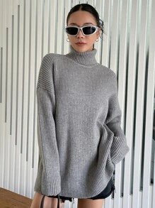 DAZY Turtleneck Drop Shoulder Jumper - Grey - View 1