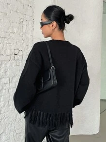 DAZY Drop Shoulder Fringe Hem Jumper - Black - View 2