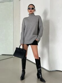 DAZY Turtleneck Drop Shoulder Jumper - Grey - View 4