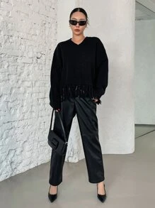 DAZY Drop Shoulder Fringe Hem Jumper - Black - View 3