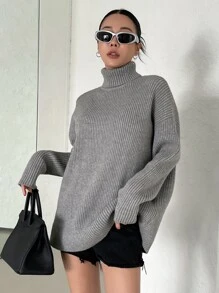 DAZY Turtleneck Drop Shoulder Jumper - Grey - View 5