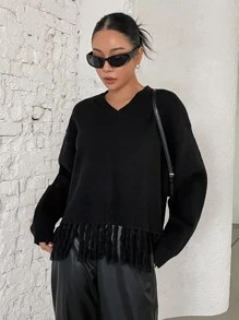 DAZY Drop Shoulder Fringe Hem Jumper - Black - View 4