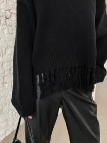 DAZY Drop Shoulder Fringe Hem Jumper - Black - View 6