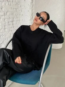 DAZY Drop Shoulder Fringe Hem Jumper - Black - View 8