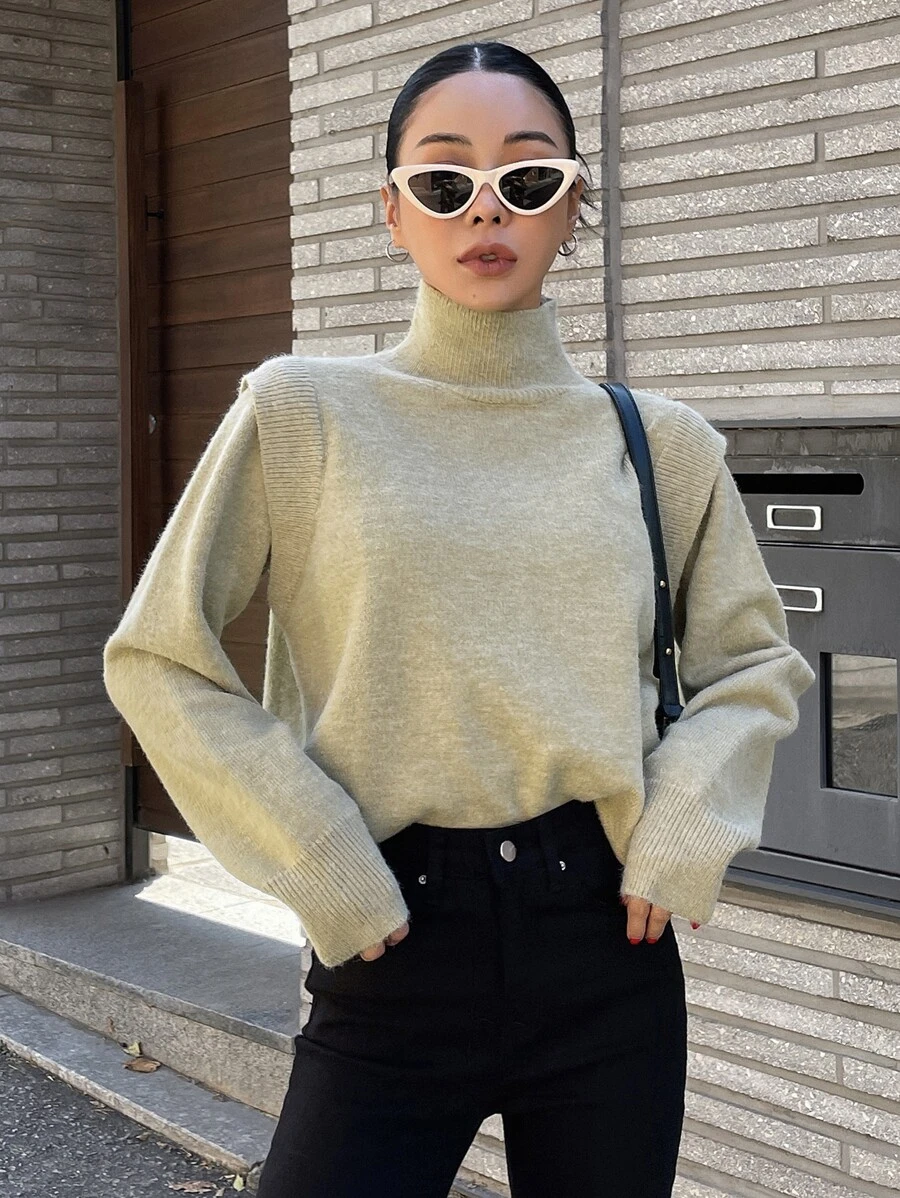 DAZY Turtleneck Ribbed Knit Jumper - Khaki - View 1