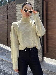 DAZY Turtleneck Ribbed Knit Jumper - Khaki - View 3