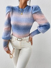 SHEIN Essnce Ombre Puff Sleeve Jumper - Blue - View 3